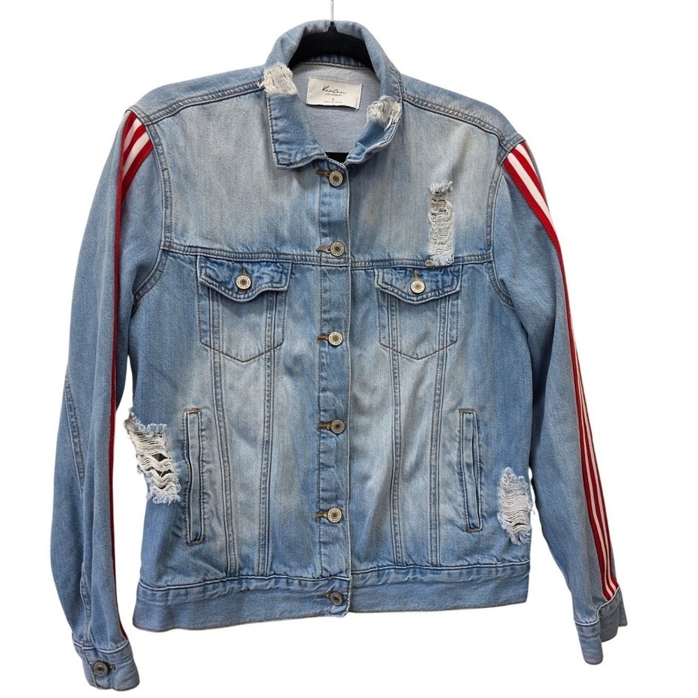 Kancan Signature‎ Distressed Denim Jacket Small Light Wash Red Side Stripe